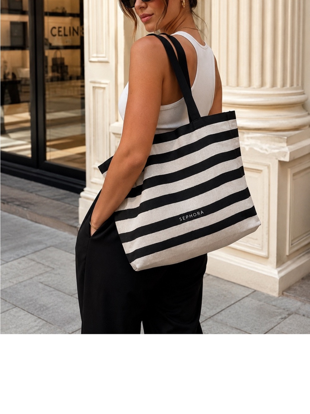 Sephora Black and White Striped Canvas Tote